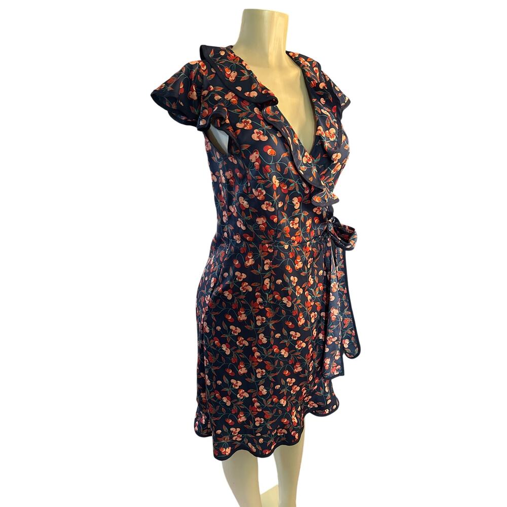 Women 6 Anthropologie Hi There Karen Walker Cherry Print Wrap Dress Ruffle Navy
